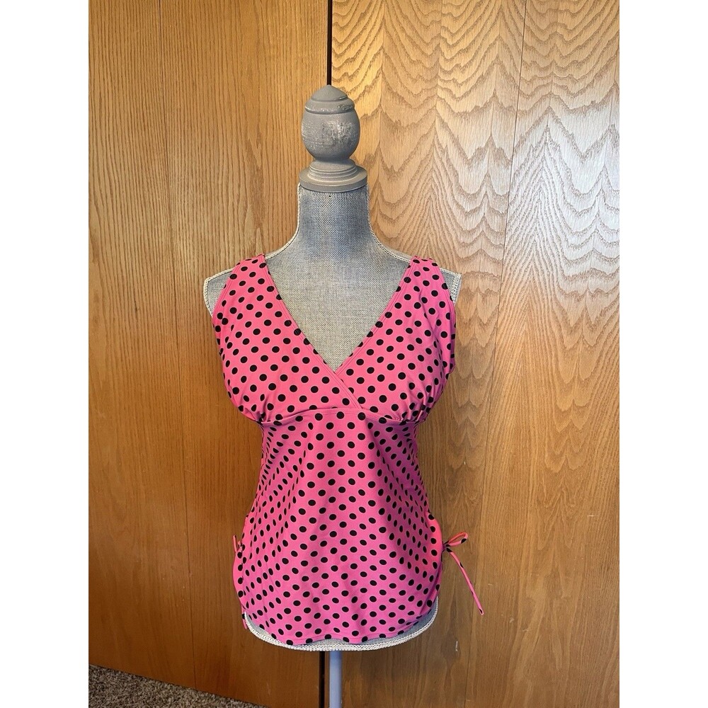 St John's Bay Hot Pink & Black Polka-Dotted Tankini Swimwear Women's Size 14